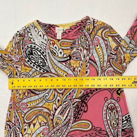 Chicos Pink Paisley Top 3/4 Sleeve Colorful Cotton Blend Boho Womens Large 2 - Picture 5 of 8
